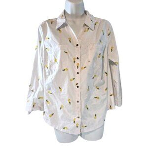 Coral Bay Petites White yellow Pineapple Button Front Shirt Upside Down Large PL